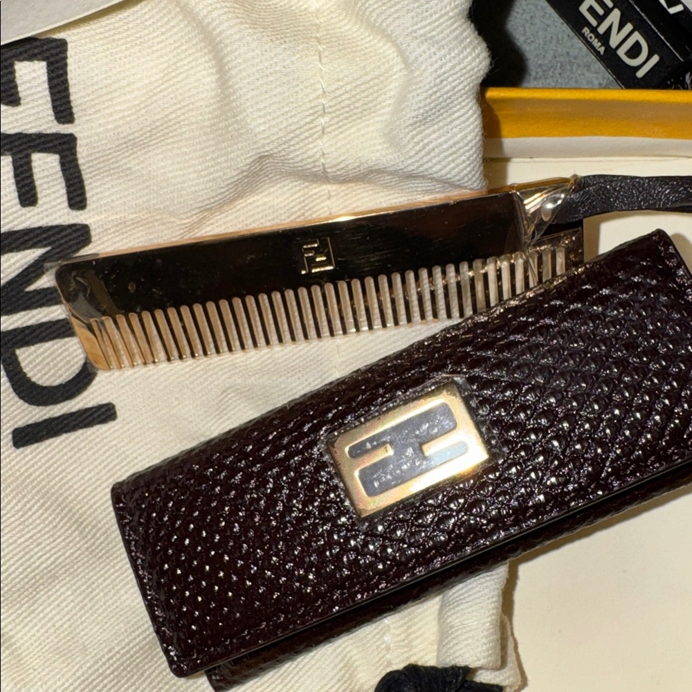 Fendi Brown Leather Comb with Gold-Tone Accents